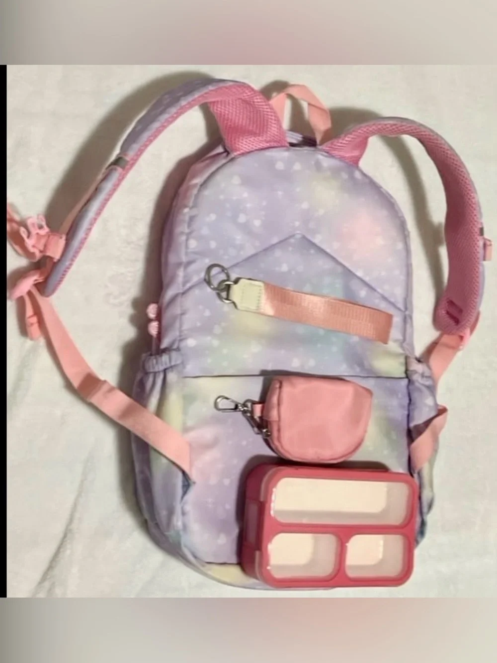 Backpack W/ keychain coin purse and snack box. Rainbow pastel kids bookbag